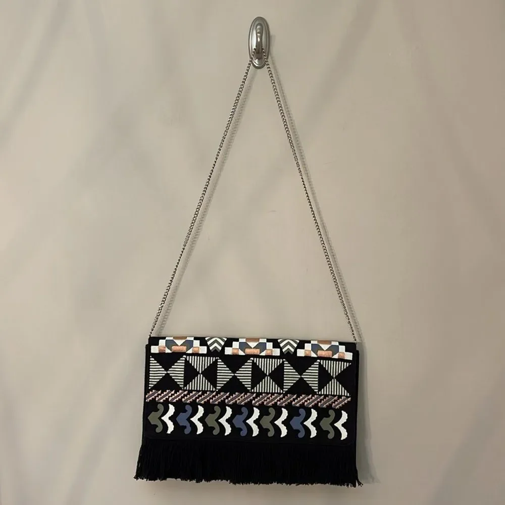 Stella & Dot TAJ Clutch Black/ Multi Embroidery with Fringe